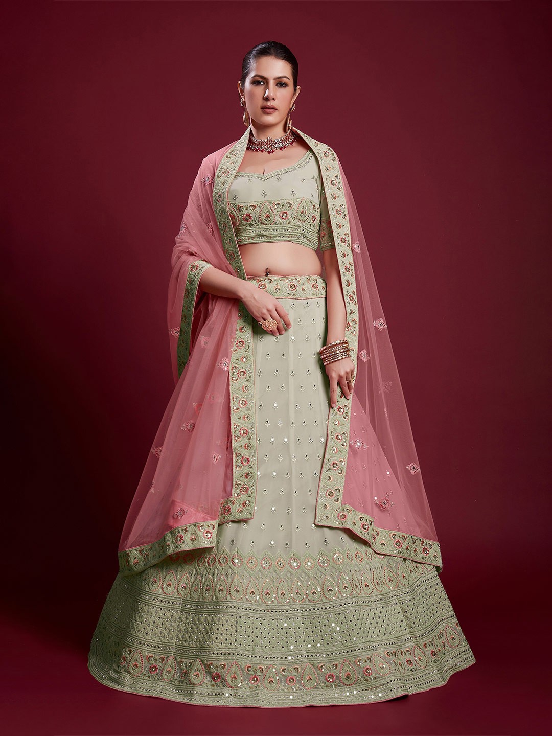 

Readiprint Fashions Embroidered Thread Work Semi-Stitched Lehenga & Unstitched Blouse With, Green