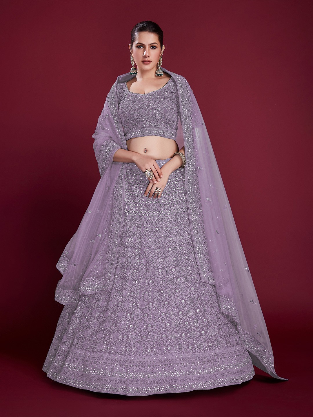 

Readiprint Fashions Embroidered Thread Work Semi-Stitched Lehenga & Unstitched Blouse, Purple