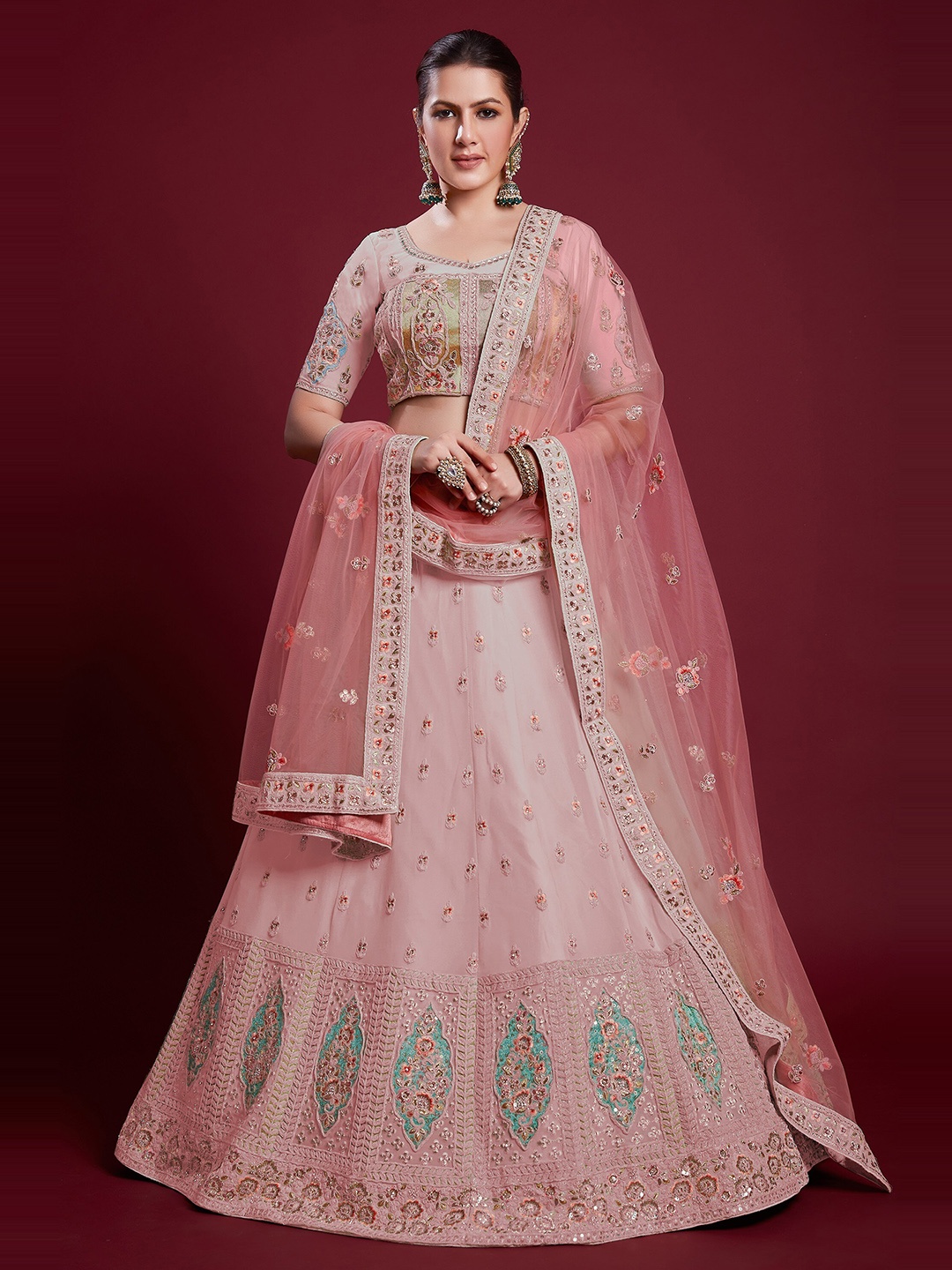 

Readiprint Fashions Embroidered Thread Work Semi-Stitched Lehenga & Unstitched Blouse With, Pink
