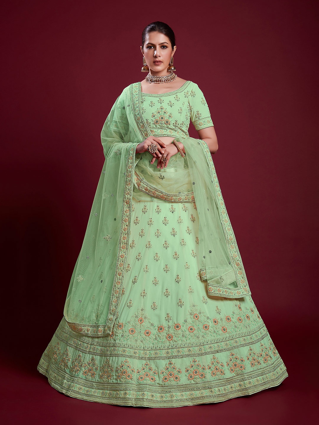 

Readiprint Fashions Embroidered Thread Work Semi-Stitched Lehenga & Unstitched Blouse With, Green