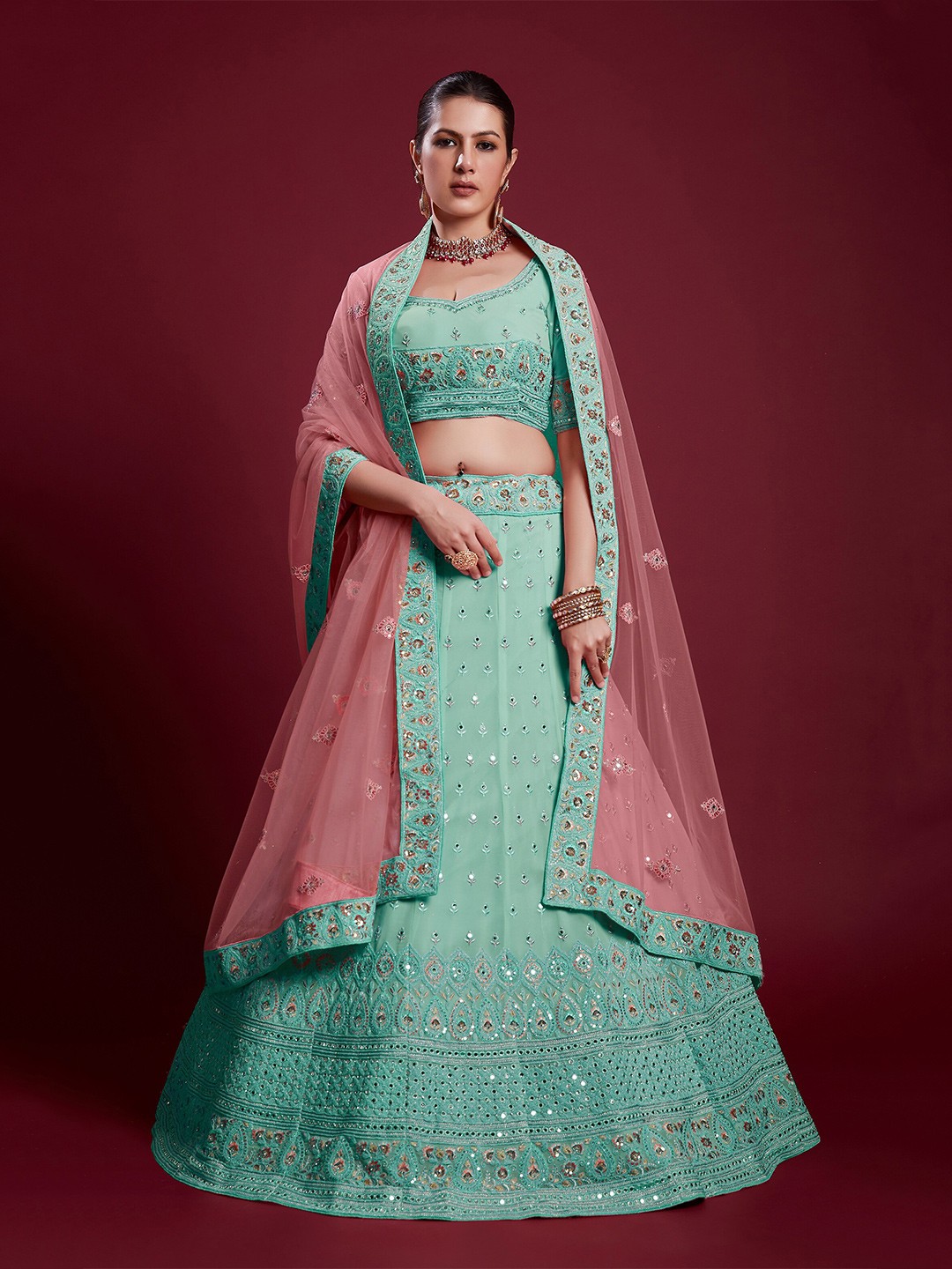 

Readiprint Fashions Embroidered Thread Work Semi-Stitched Lehenga & Unstitched Blouse With, Blue