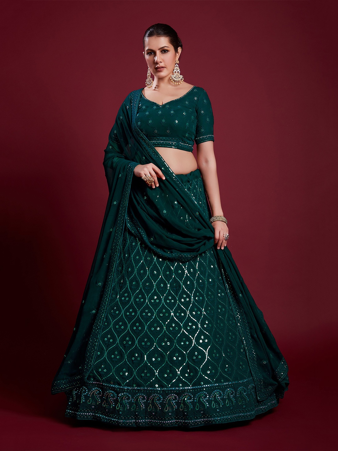 

Readiprint Fashions Embroidered Sequinned Semi-Stitched Lehenga & Unstitched Blouse With, Teal