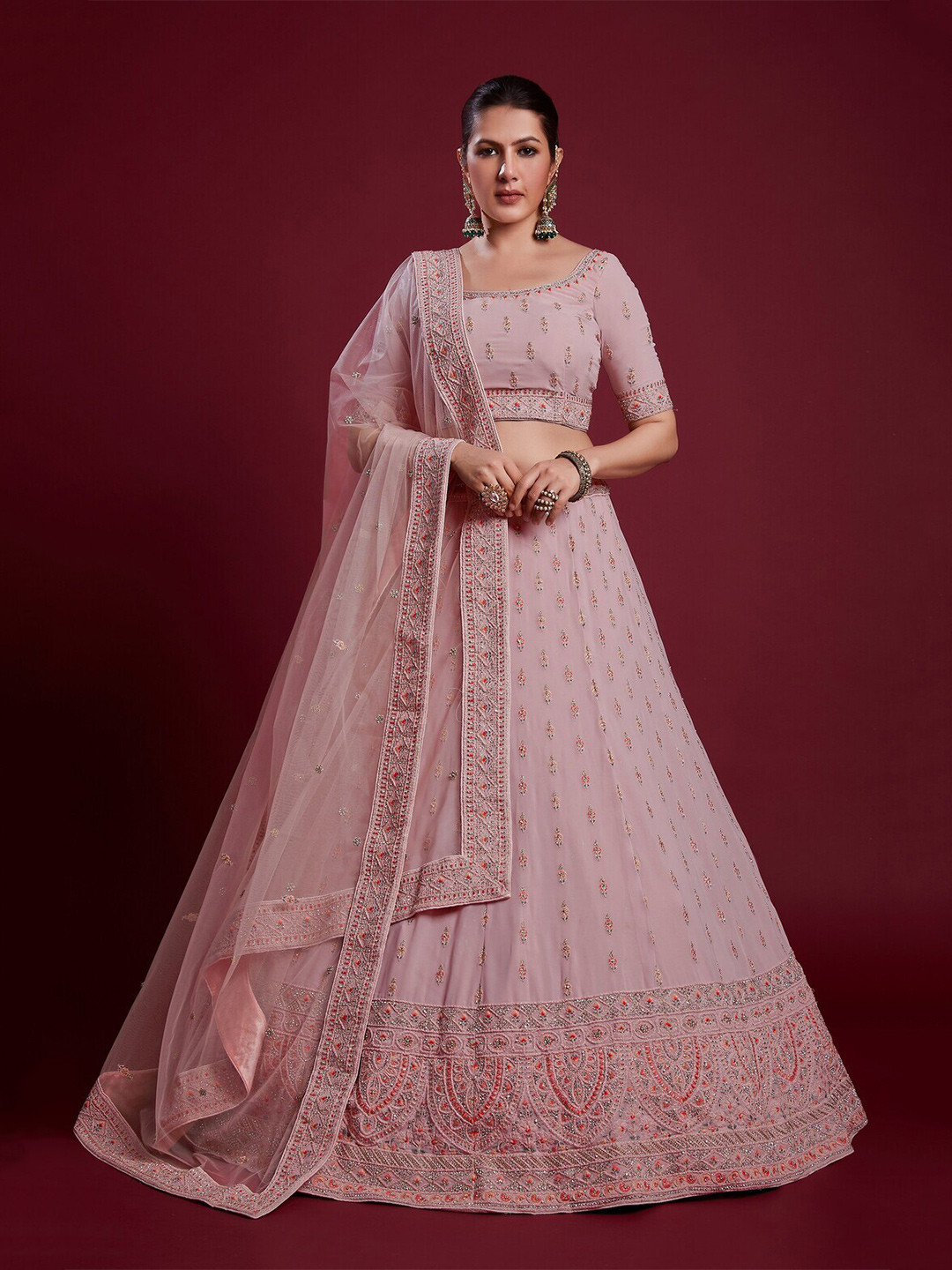 

Readiprint Fashions Embroidered Thread Work Semi-Stitched Lehenga & Unstitched, Peach
