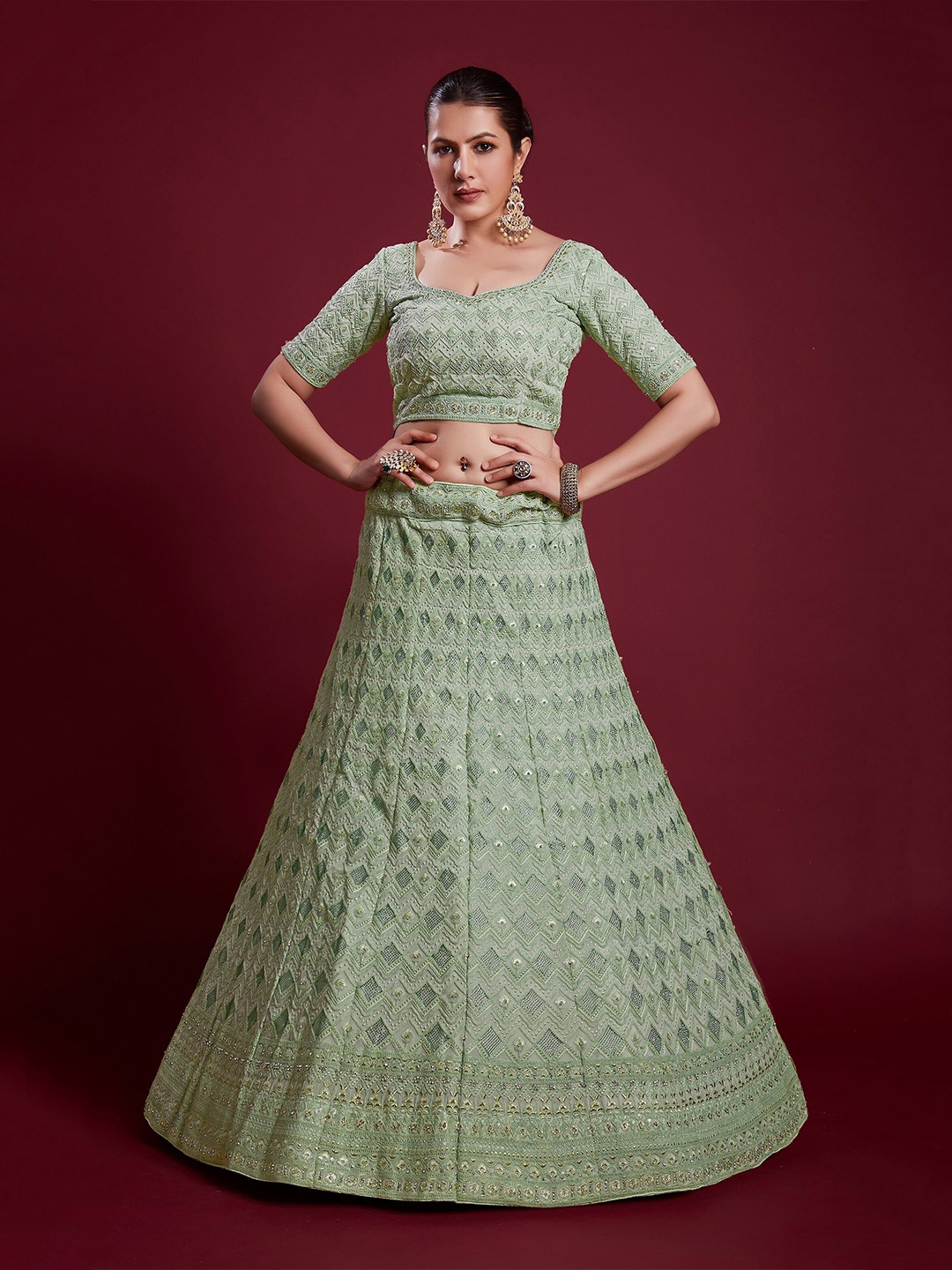 

Readiprint Fashions Embroidered Semi-Stitched Lehenga & Unstitched Blouse With Dupatta, Green