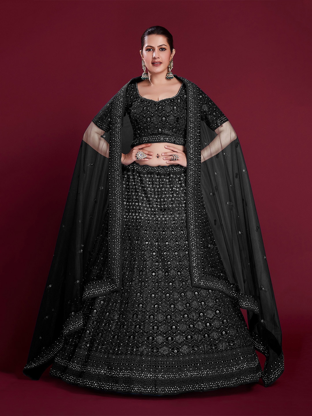

Readiprint Fashions Embroidered emi-Stitched Lehenga & Unstitched Blouse With Dupatta, Black