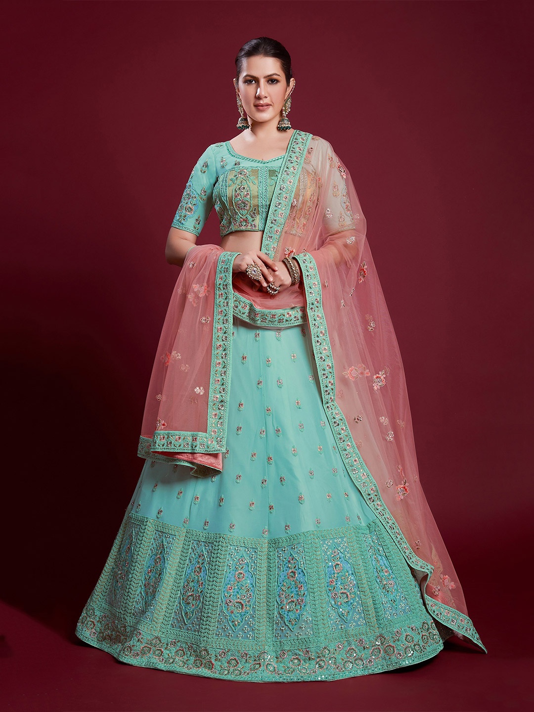 

Readiprint Fashions Embroidered Thread Work Semi-Stitched Lehenga & Unstitched Blouse With, Blue
