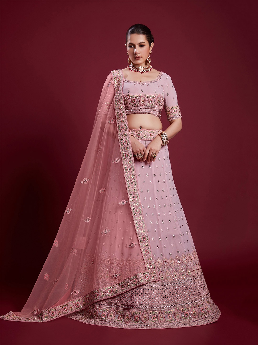 

Readiprint Fashions Mirror Work Semi-Stitched Lehenga & Unstitched Blouse & Dupatta, Peach