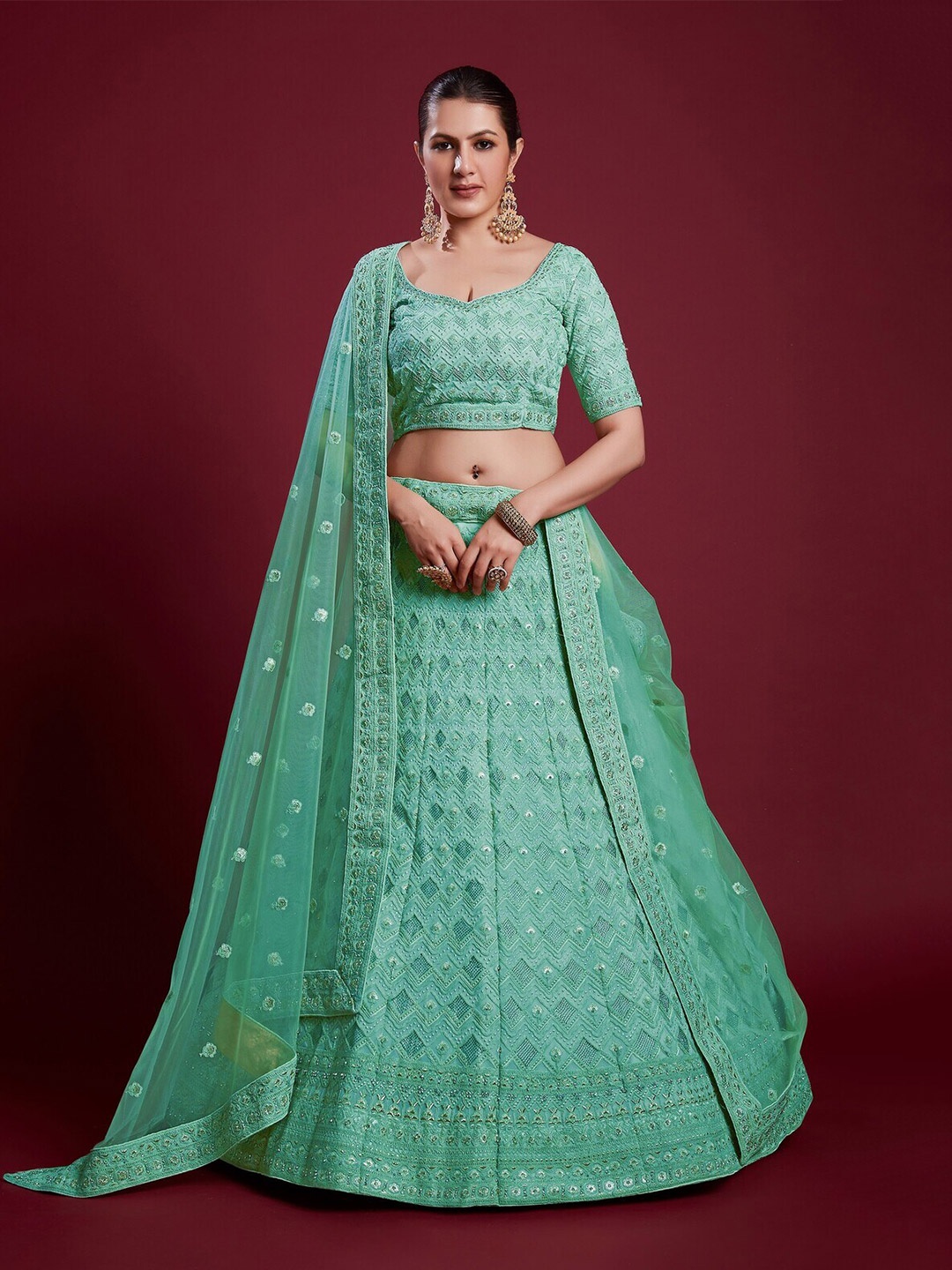 

Readiprint Fashions Embroidered Semi-Stitched Lehenga & Unstitched Blouse With Dupatta, Sea green