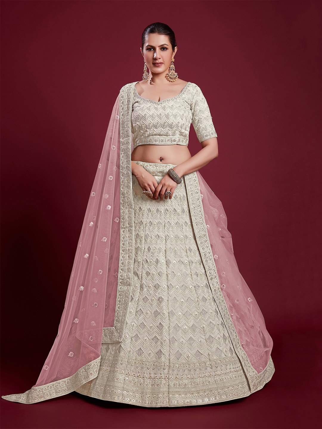 

Readiprint Fashions Embroidered Semi-Stitched Lehenga & Unstitched Blouse With Dupatta, Off white