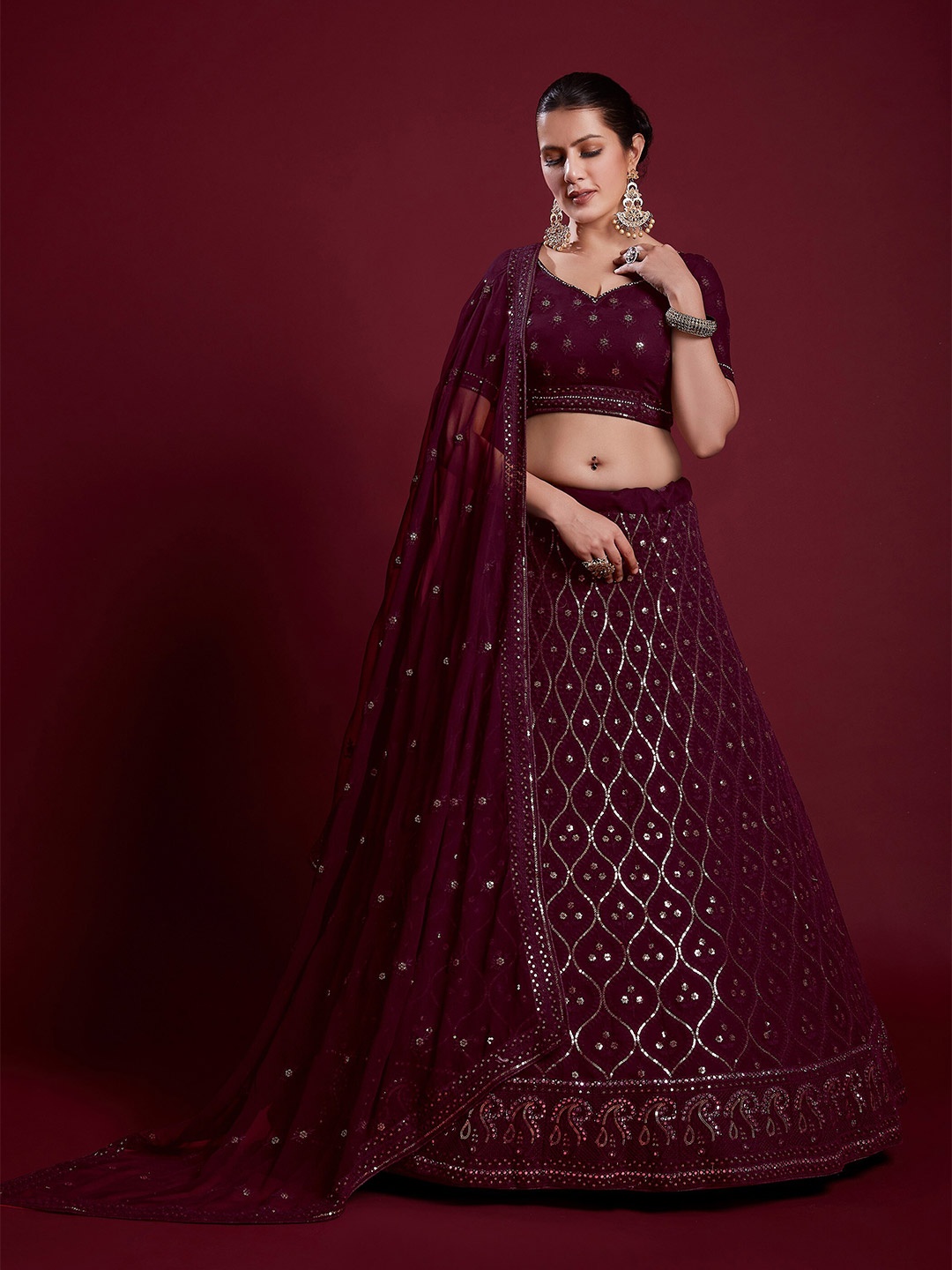

Readiprint Fashions Sequinned Semi-Stitched Lehenga & Unstitched Blouse With Dupatta, Violet