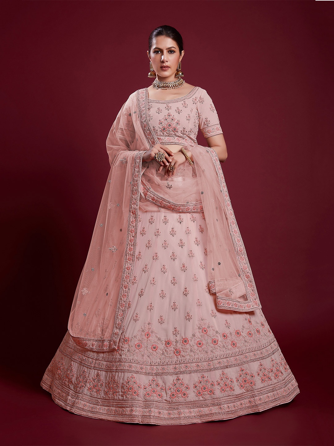 

Readiprint Fashions Embroidered Semi-Stitched Lehenga & Unstitched Blouse With Dupatta, Peach