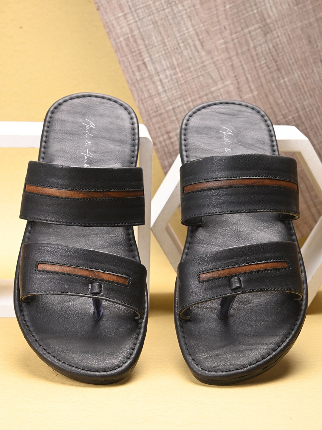 

Mast & Harbour Men Black And Brown Textured Comfort Sandals