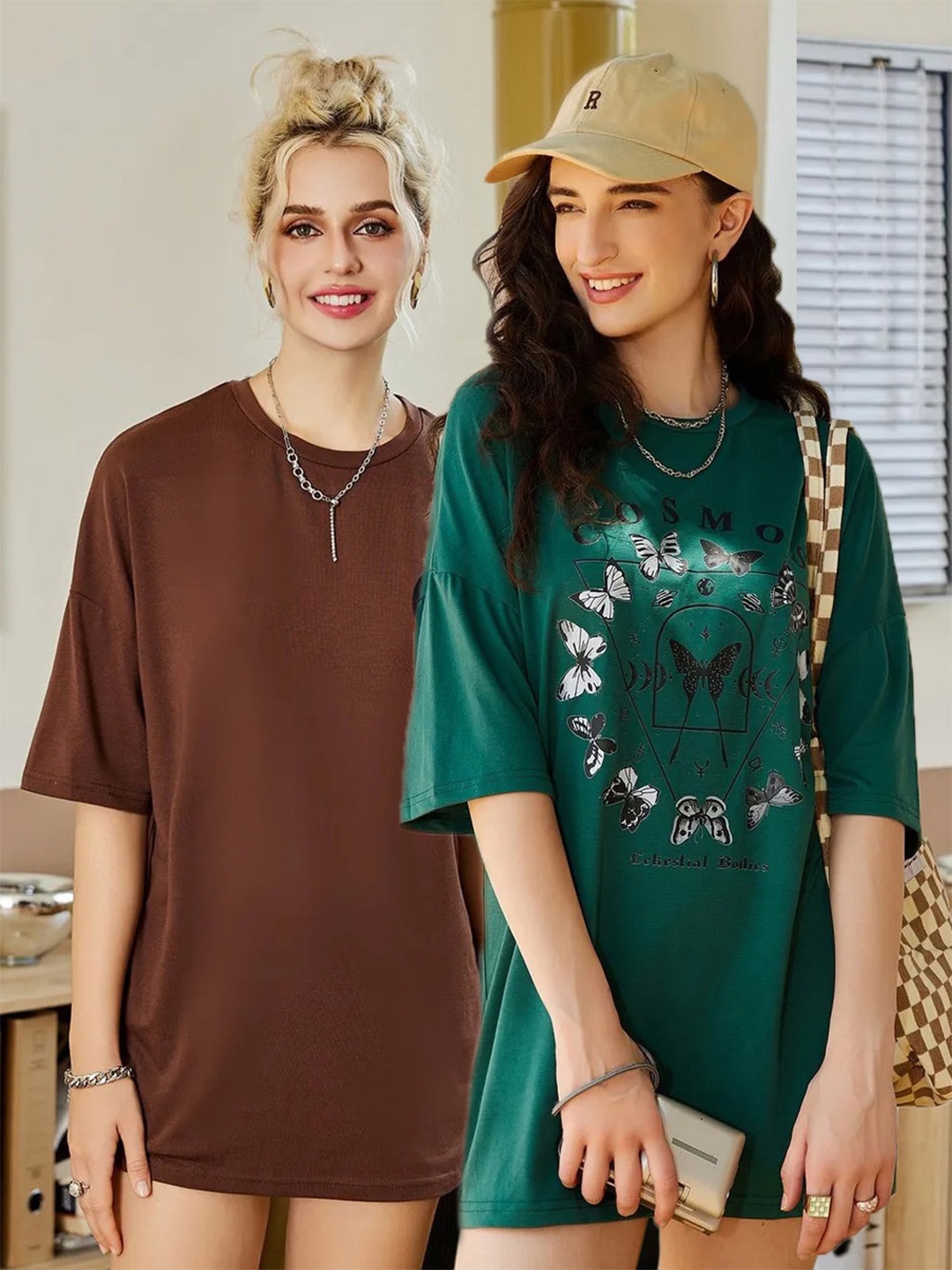 

Christy World Pack Of 2 Printed Oversized Cotton T-shirts, Brown