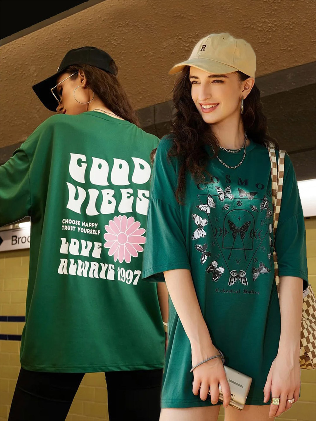 

Christy World Pack Of 2 Printed Cotton Oversized T-shirts, Green