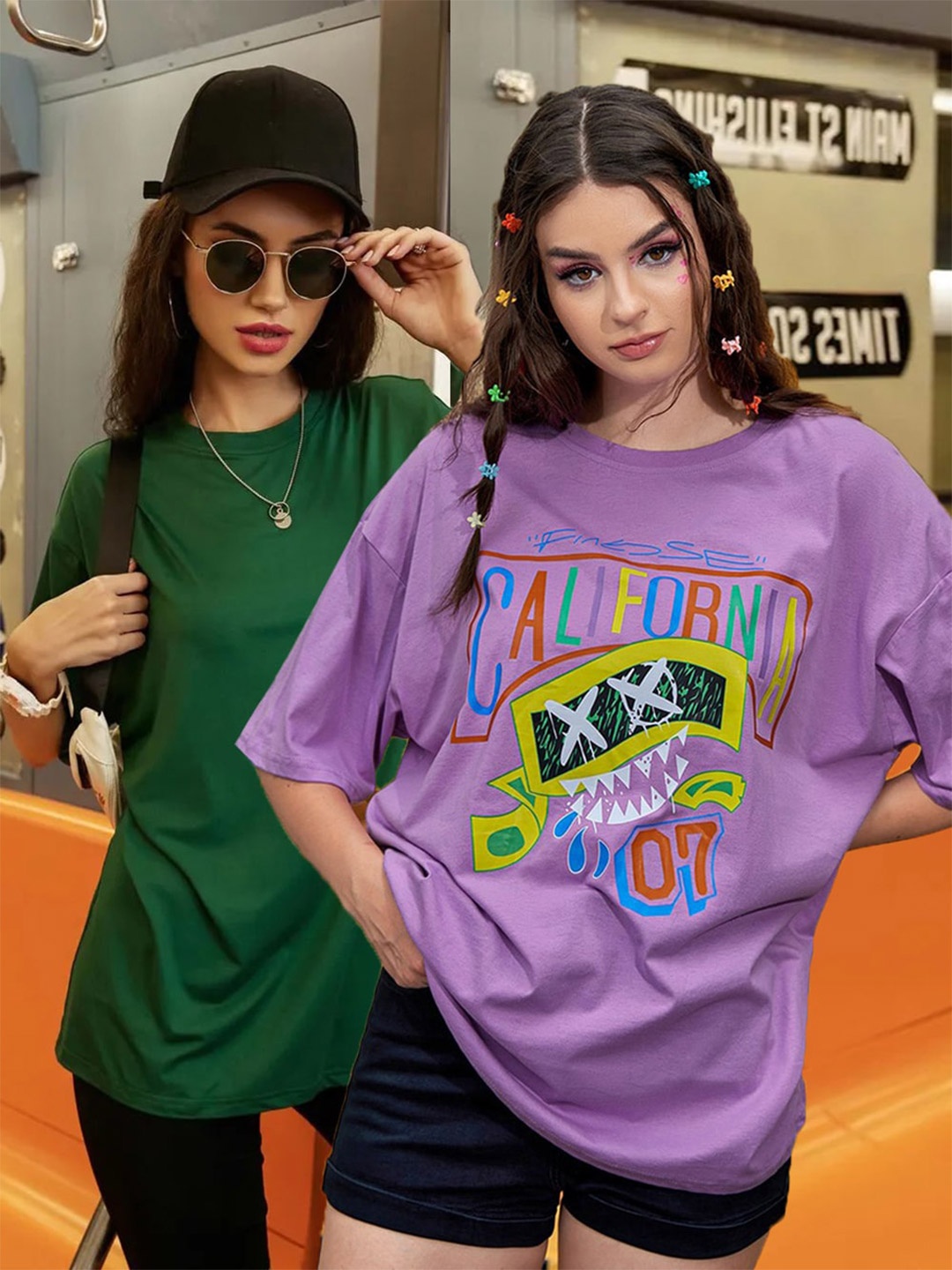 

Christy World Pack of 2 Typography Printed Oversized T-shirt, Green