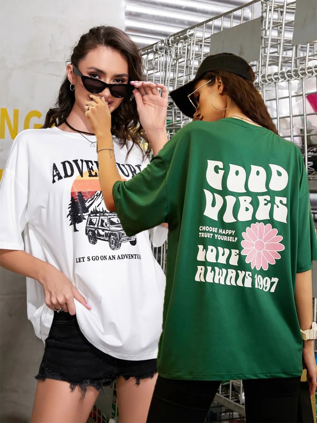Christy World Pack Of 2 Printed Drop Shoulder Cotton Loose T-shirt, White