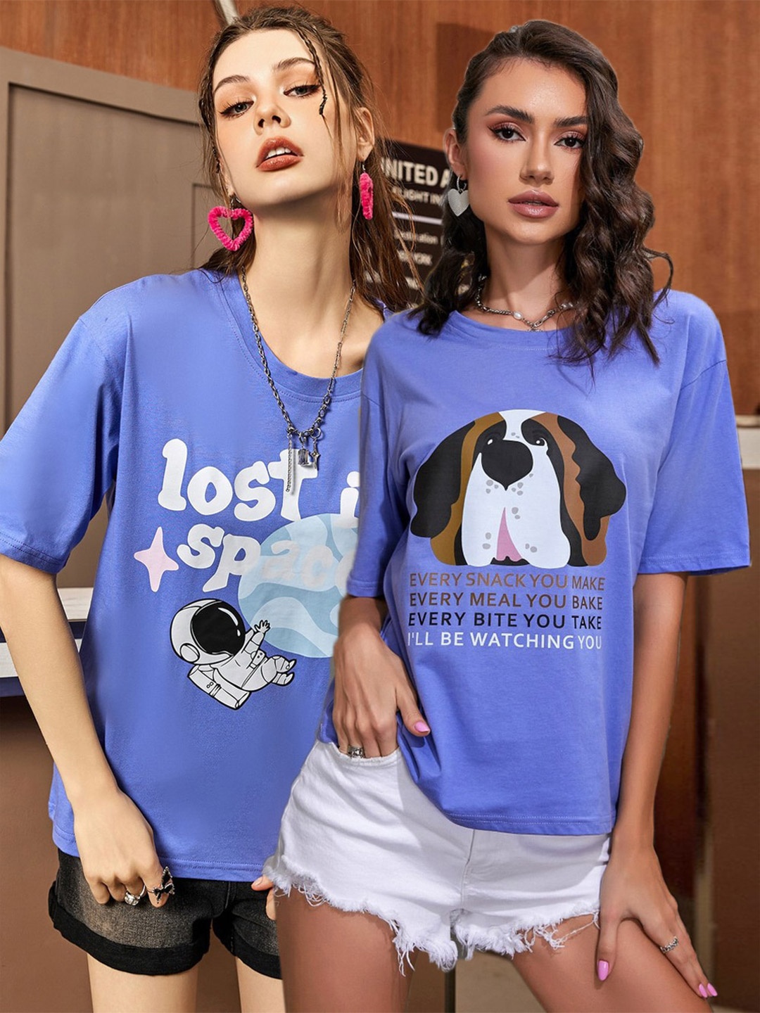 

Christy World Pack of 2 Typography Printed Oversized T-shirt, Blue