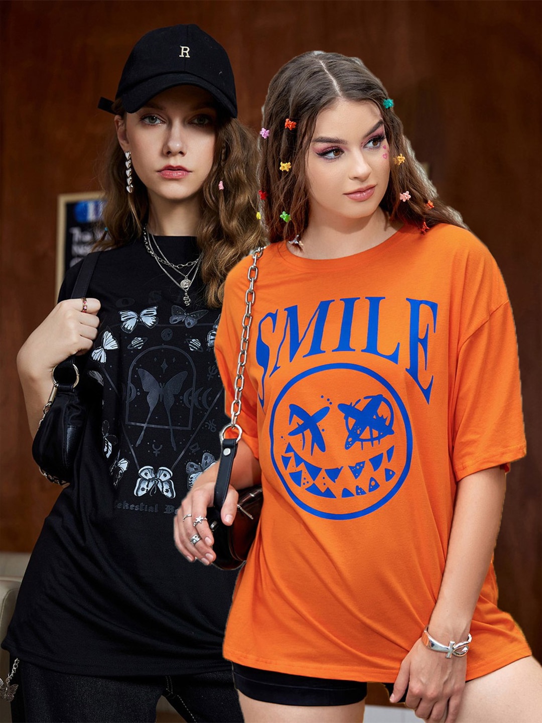 

Christy World Women Pack of 2 Printed Oversized Cotton T-shirts, Black