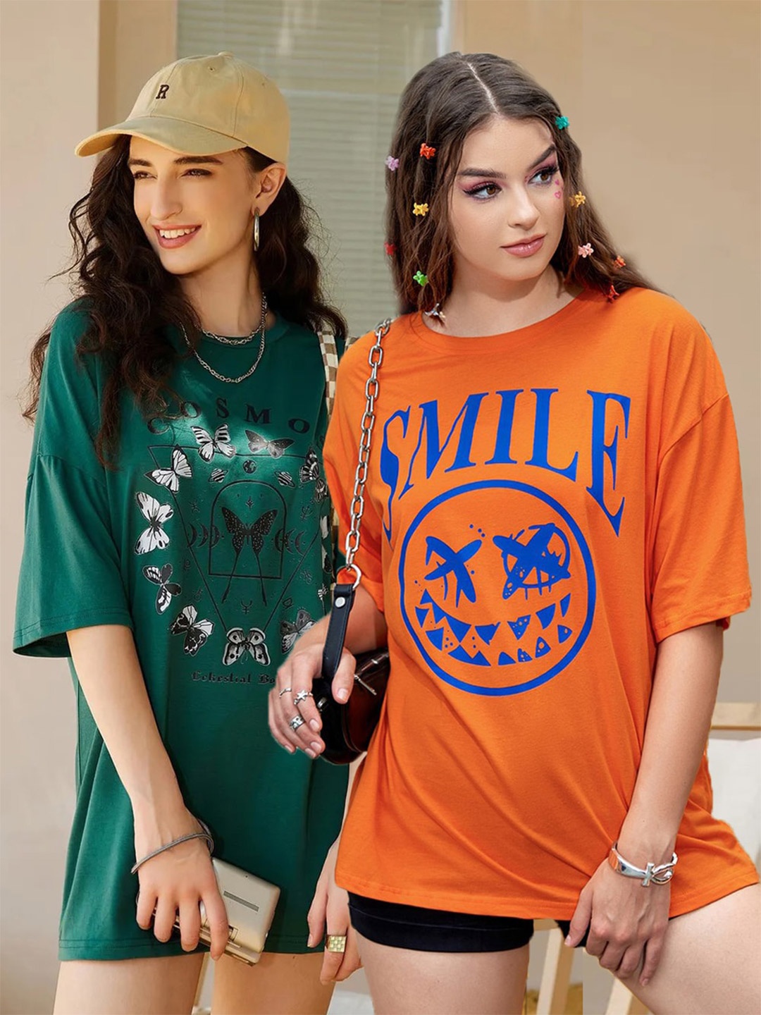 

Christy World Pack Of 2 Printed Oversized Cotton T-shirts, Green