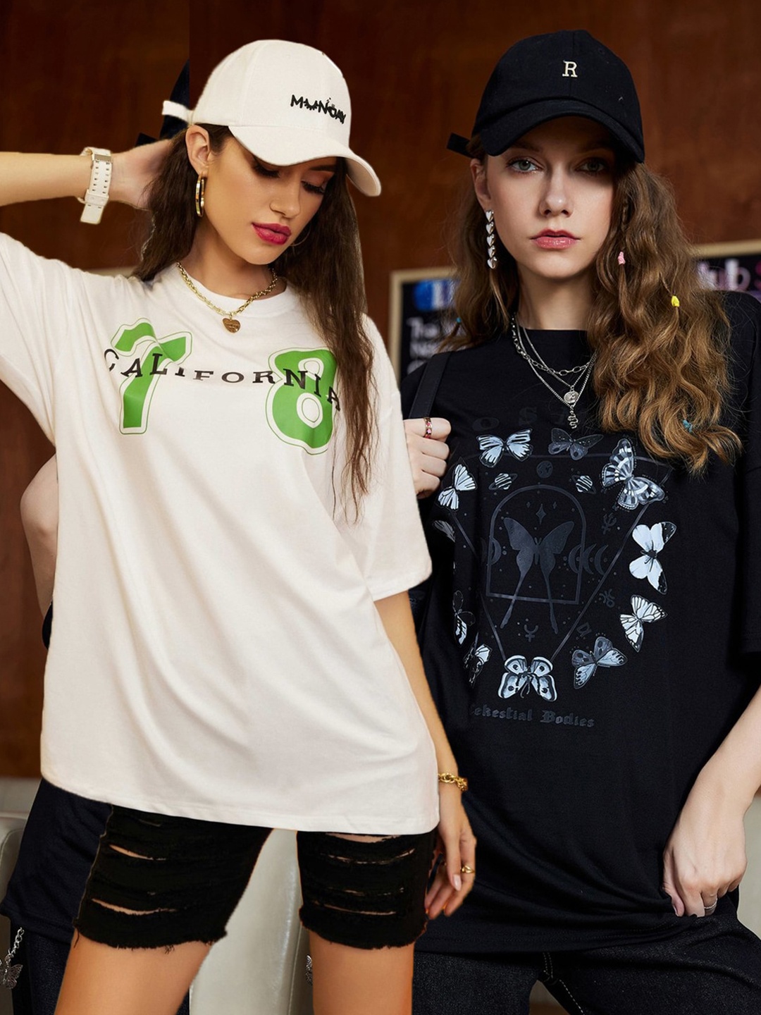 

Christy World Women Pack of 2 Printed Oversized Cotton T-shirts, Black