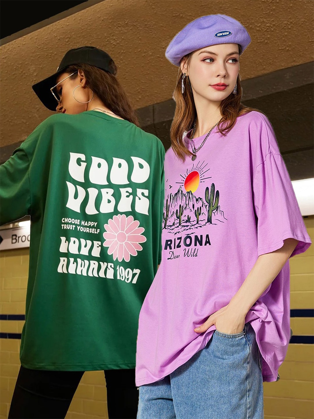 Christy World Pack Of 2 Printed Oversized Cotton T-shirts, Green