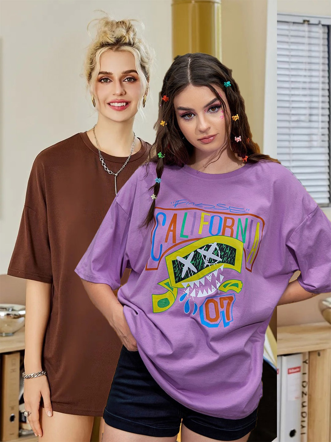 

Christy World Pack Of 2 Printed Drop Shoulder Cotton Oversized T-shirt, Maroon