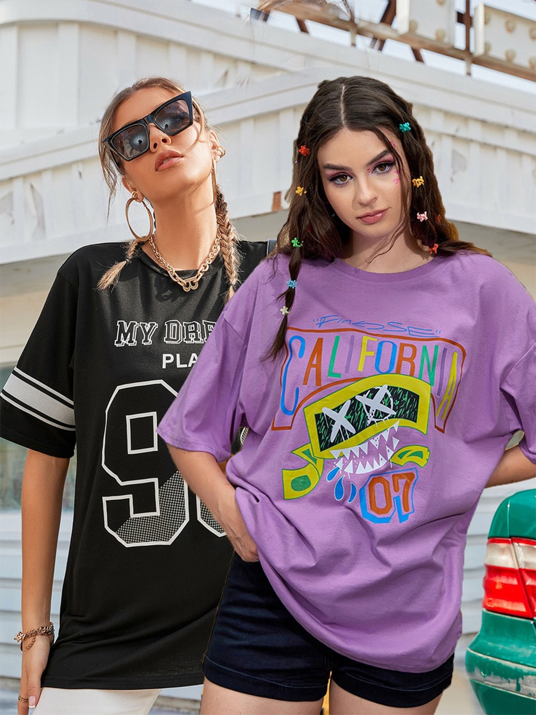 

Christy World Pack of 2 Typography Printed Oversized T-shirt, Black