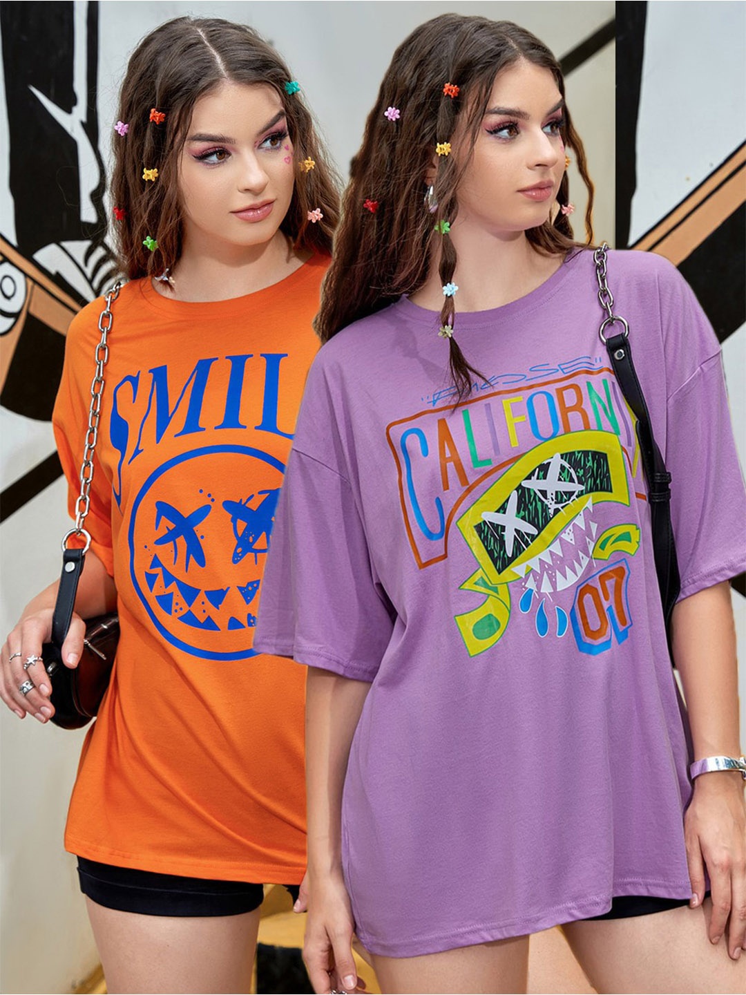 Christy World Women Pack of 2 Printed Oversized Cotton T-shirts, Orange