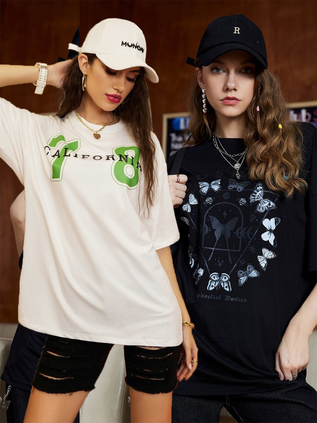 

Christy World Women Pack of 2 Printed Oversized Cotton T-shirts, White