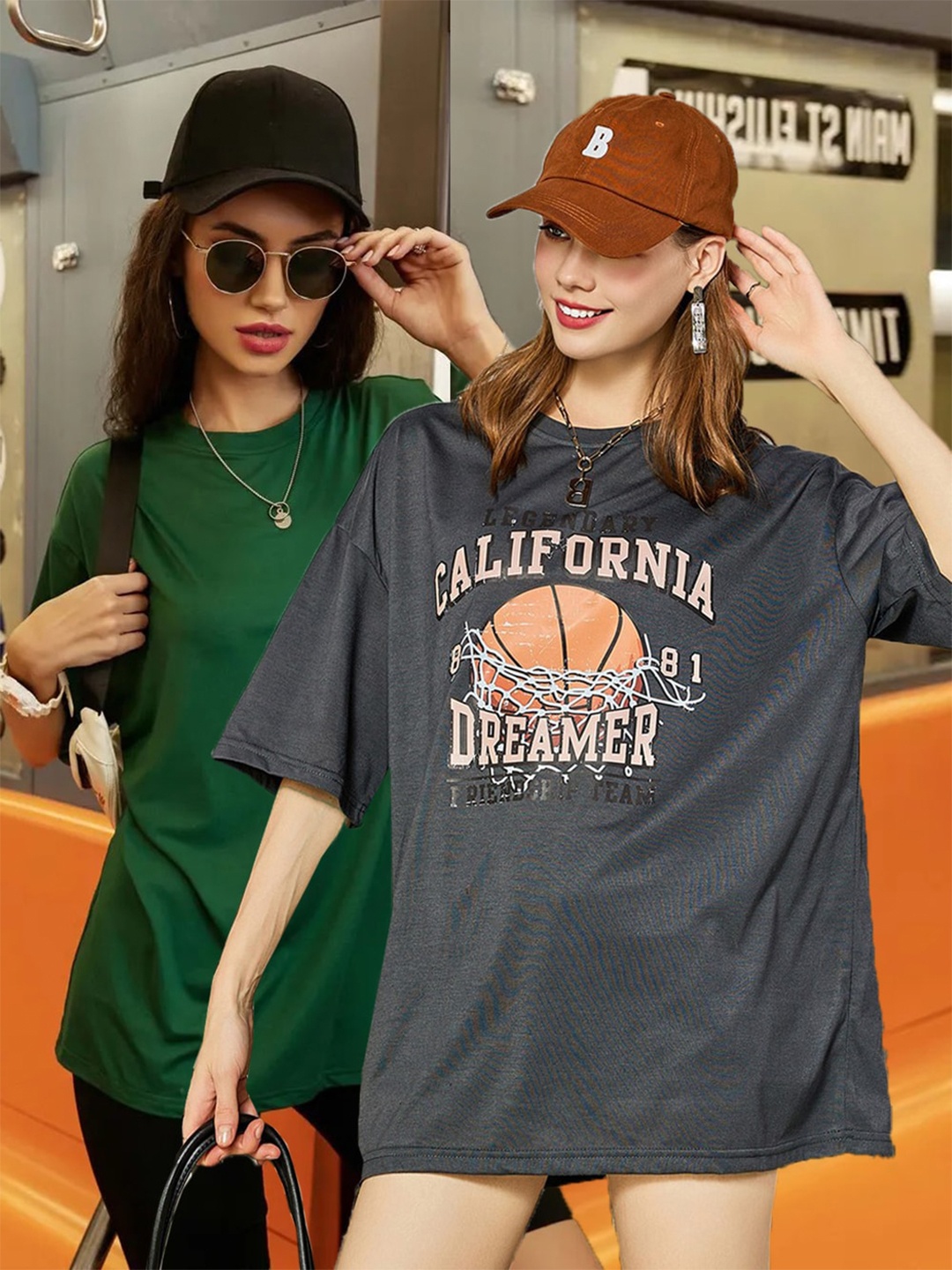 

Christy World Pack Of 2 Printed Drop Shoulder Cotton Oversized T-shirt, Green