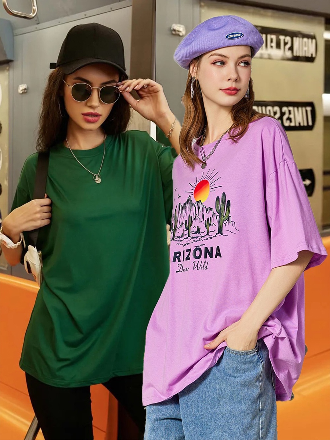 Christy World Pack of 2 Typography Printed Oversized T-shirt, Green
