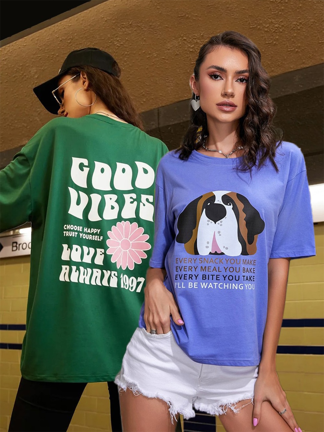 

Christy World Pack Of 2 Printed Cotton Oversized T-shirts, Green