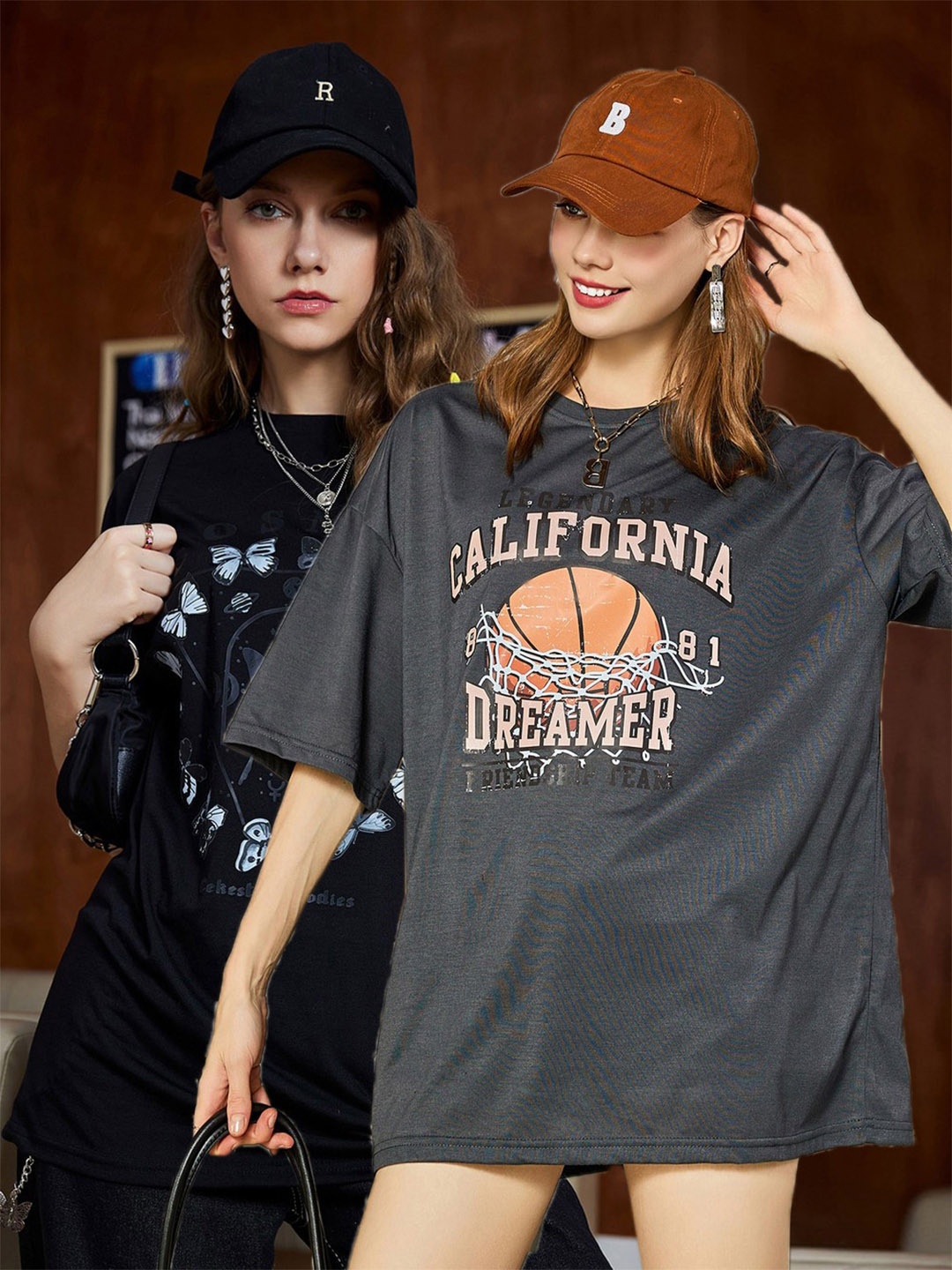 

Christy World Pack Of 2 Printed Oversized Cotton T-shirts, Black
