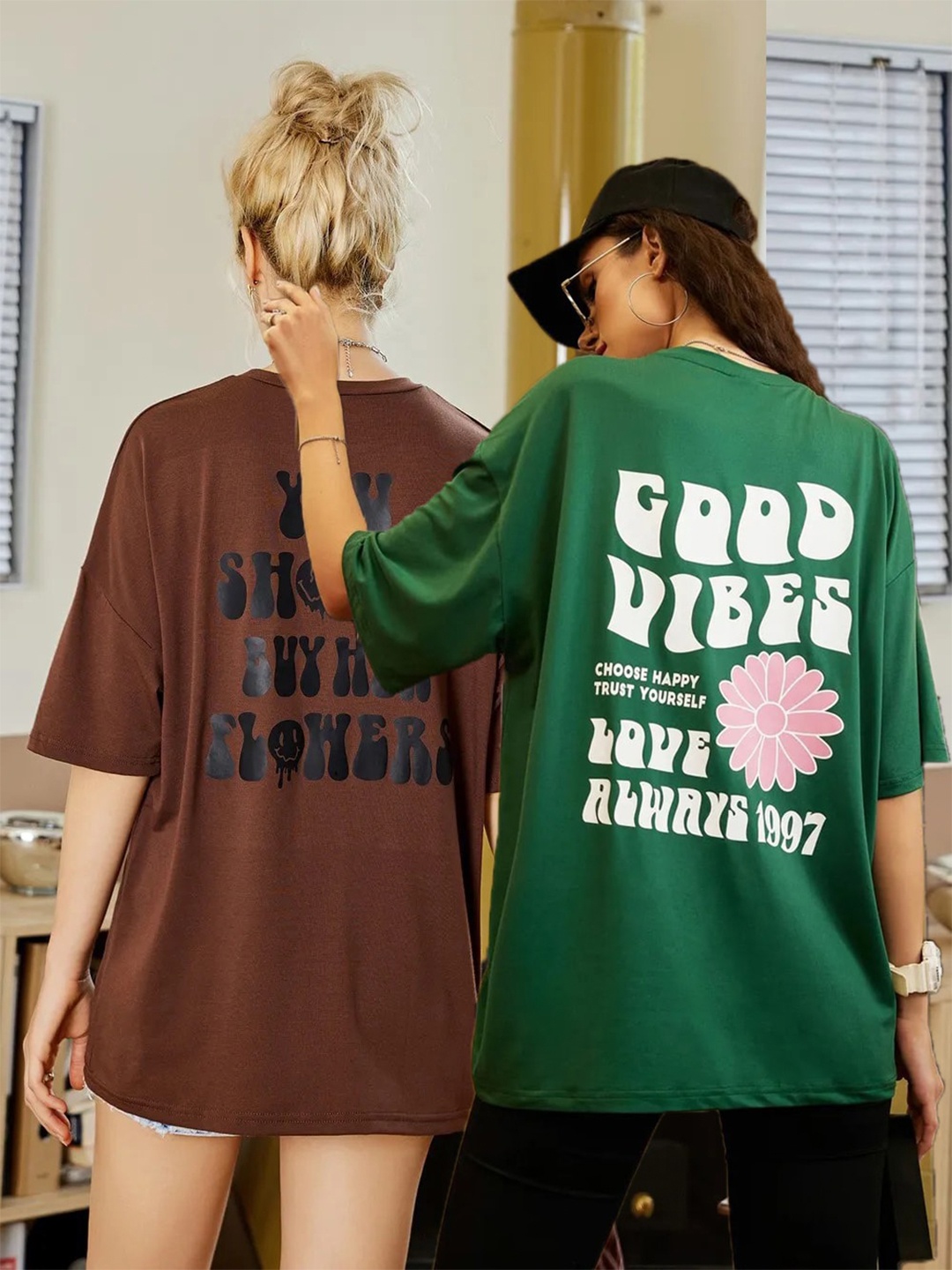 Christy World Women Pack of 2 Printed Oversized Cotton T-shirts, Coffee brown