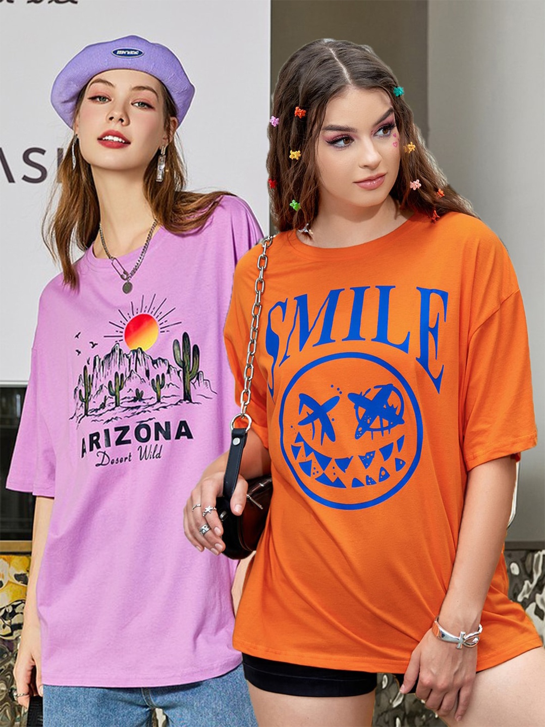 

Christy World Pack of 2 Typography Printed Oversized T-shirt, Purple