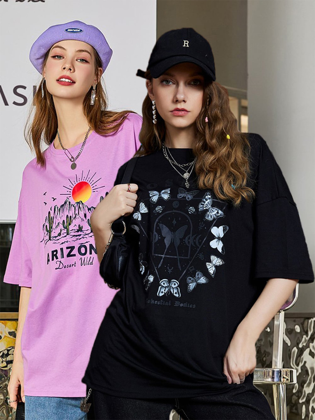 

Christy World Women Pack of 2 Printed Oversized Cotton T-shirts, Purple