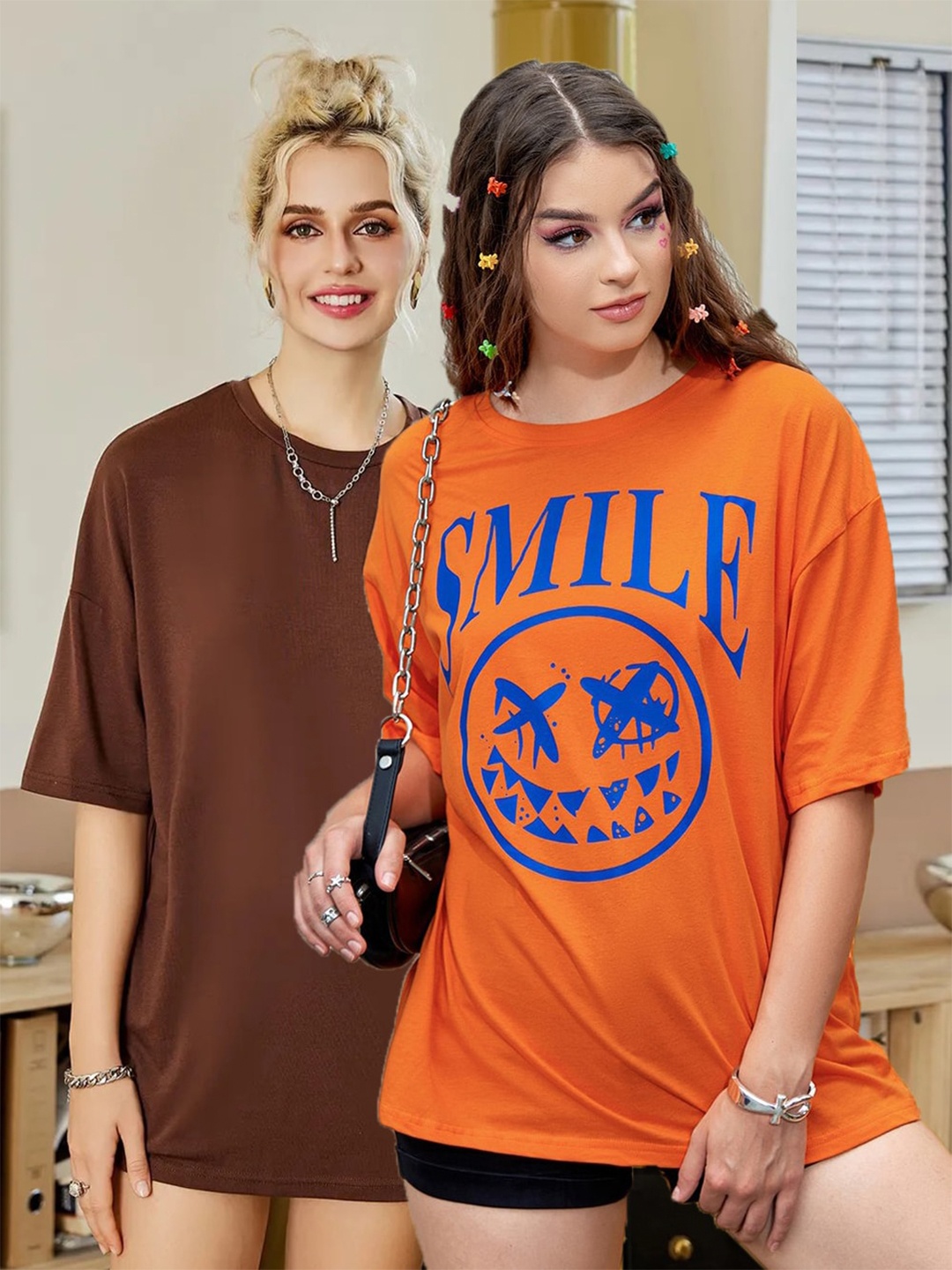 

Christy World Pack of 2 Typography Printed Oversized T-shirt, Brown