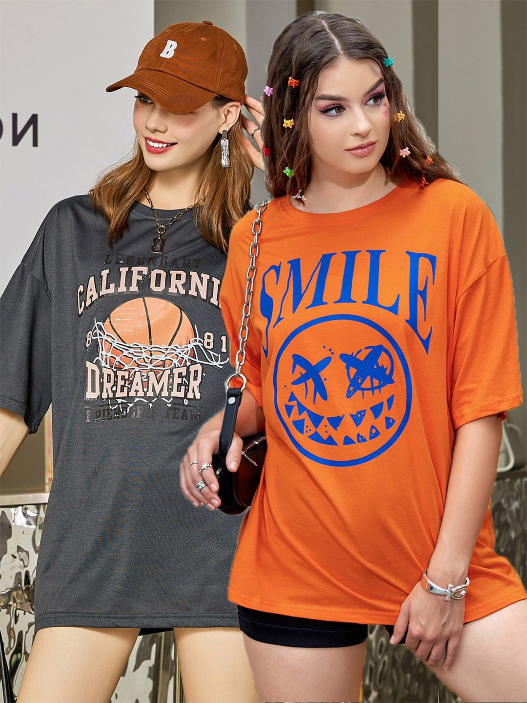 

Christy World Pack of 2 Typography Printed Oversized T-shirt, Grey