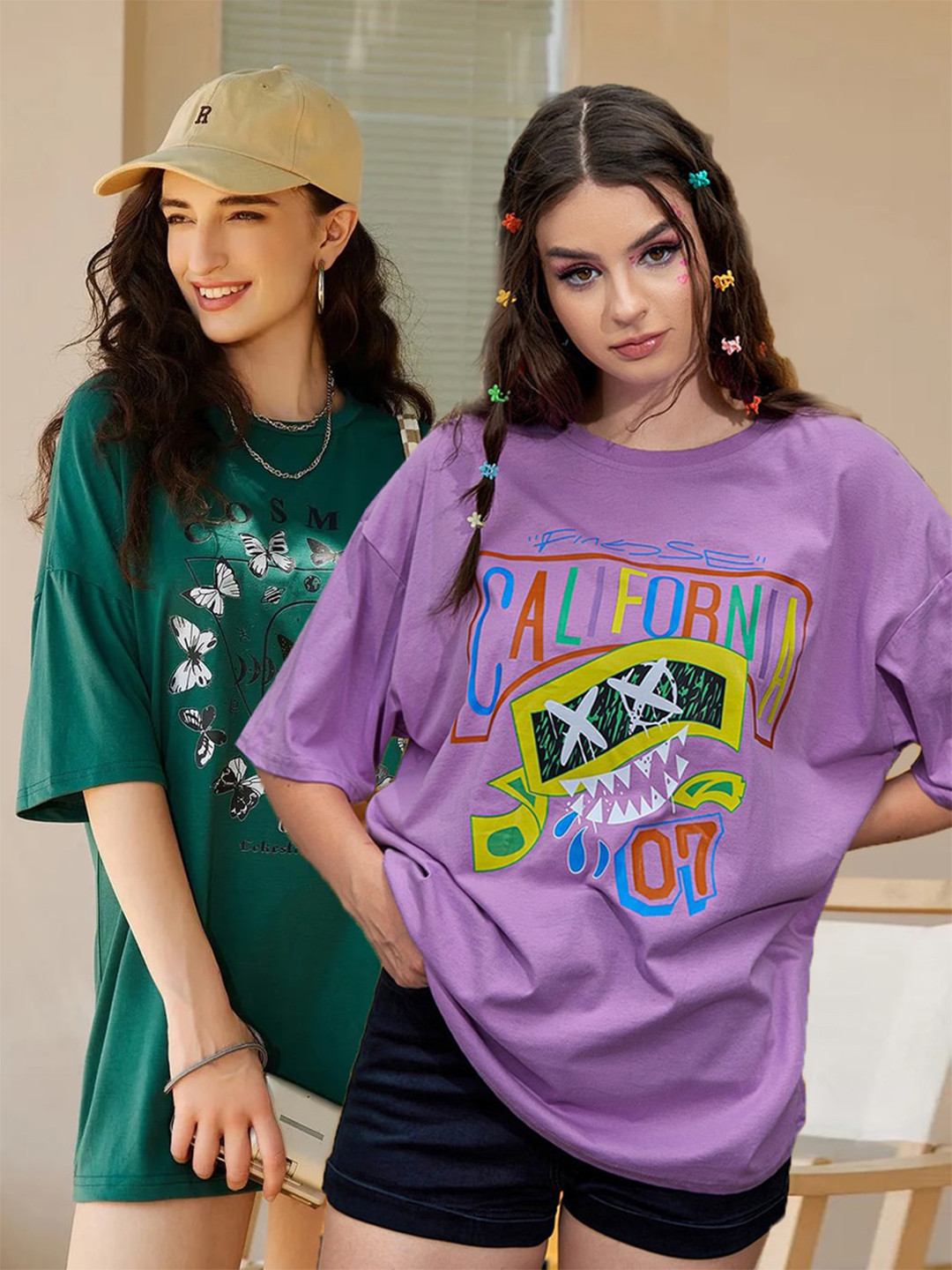 

Christy World Women Pack of 2 Printed Oversized Cotton T-shirts, Purple