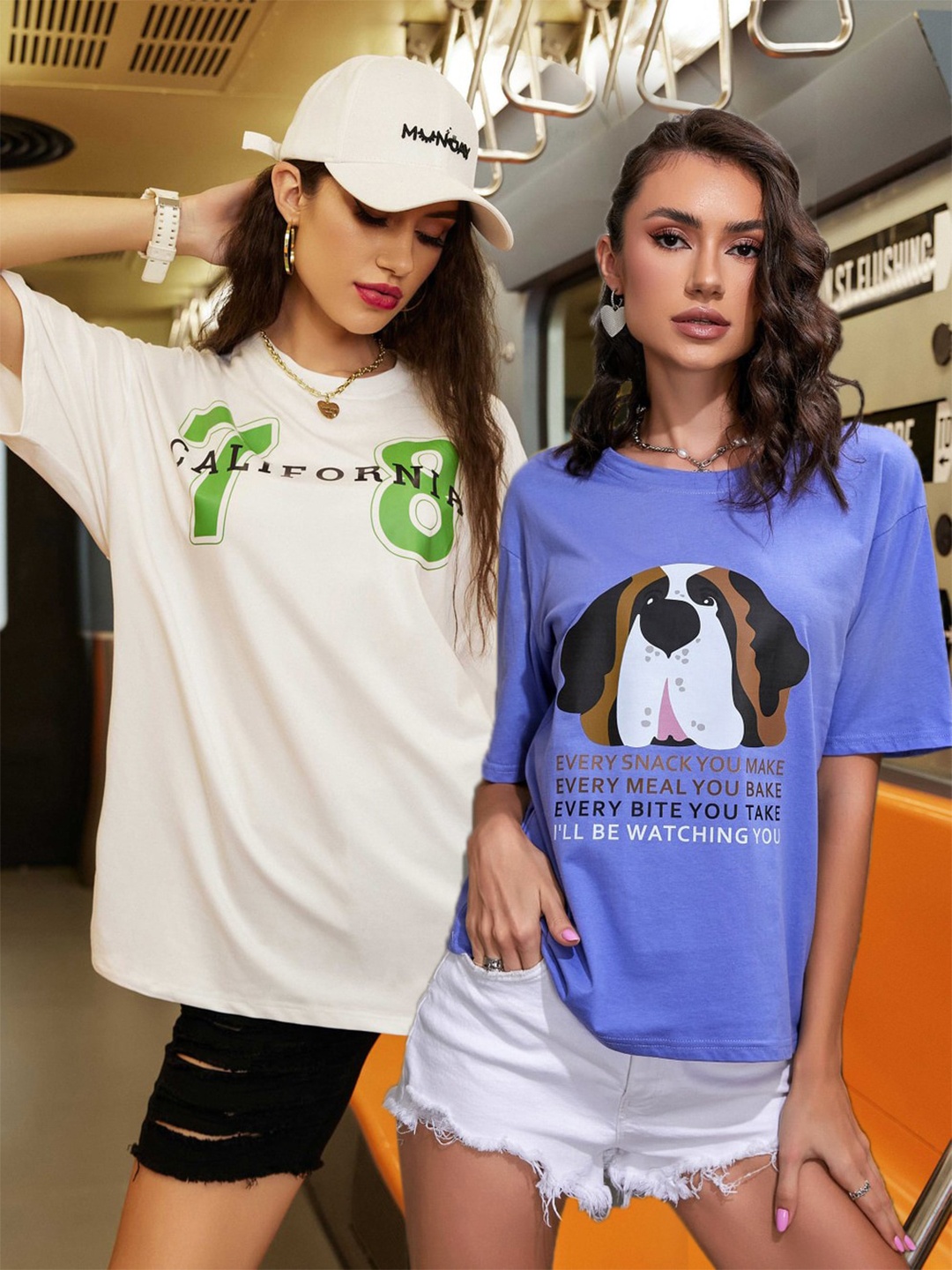 

Christy World Pack Of 2 Printed Oversized Cotton T-shirts, White