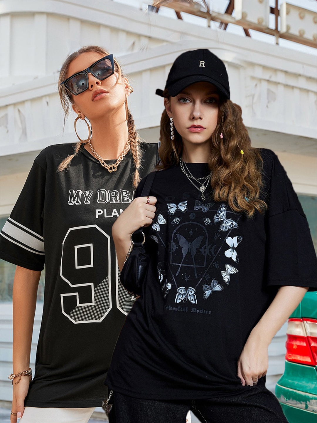 

Christy World Pack of 2 Round Neck Oversized T-shirt, Black