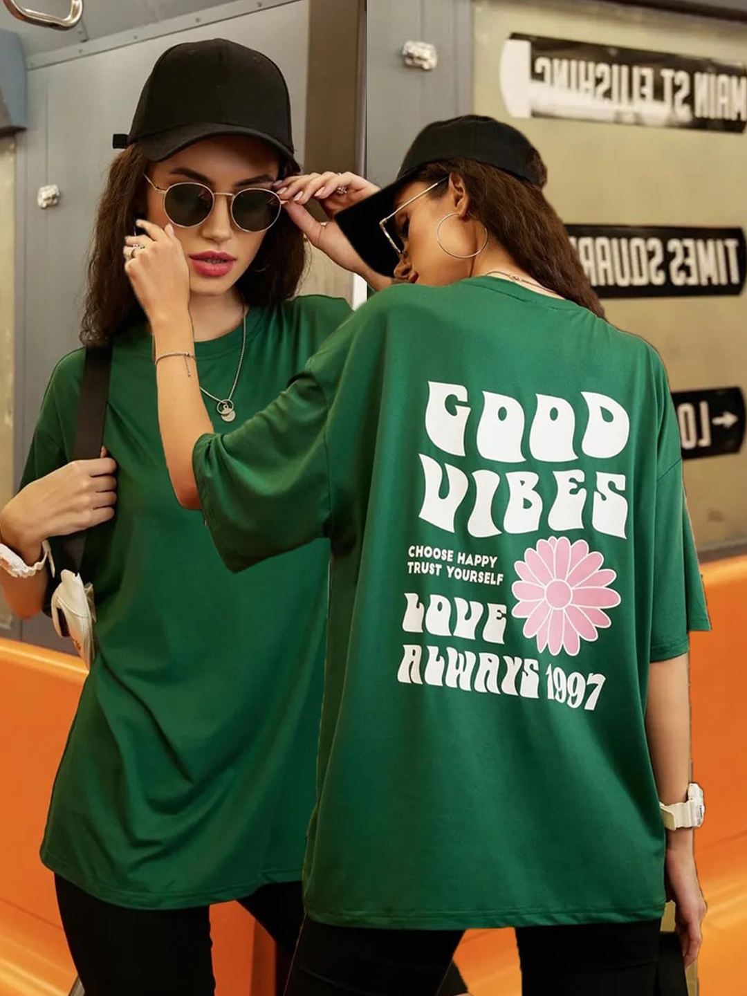 Christy World Pack Of 2 Printed Drop Shoulder Cotton Oversized T-shirt, Green