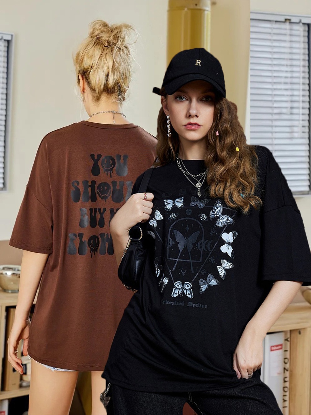 

Christy World Pack of 2 Typography Printed Oversized T-shirt, Brown
