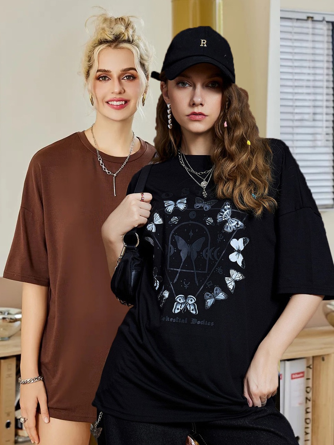 

Christy World Women Pack of 2 Printed Oversized Cotton T-shirts, Brown