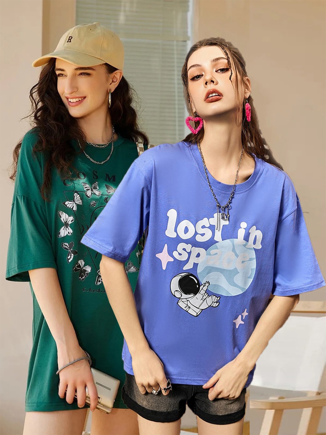 

Christy World Women Pack of 2 Printed Oversized Cotton T-shirts, Blue