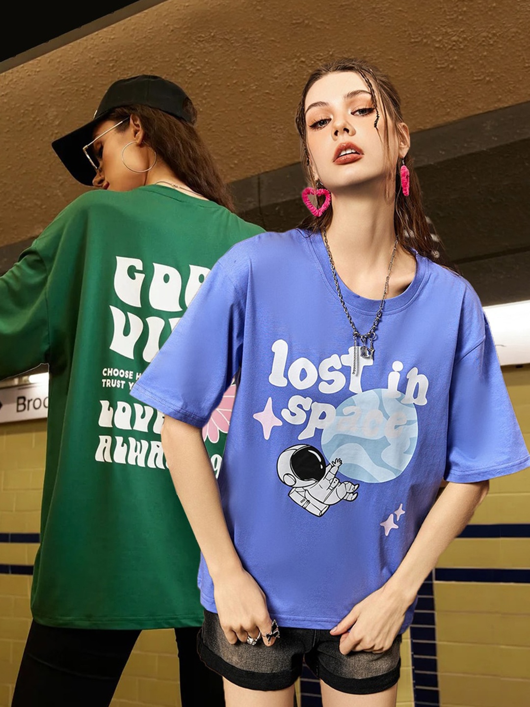 Christy World Pack Of 2 Printed Drop Shoulder Cotton Oversized T-shirt, Green