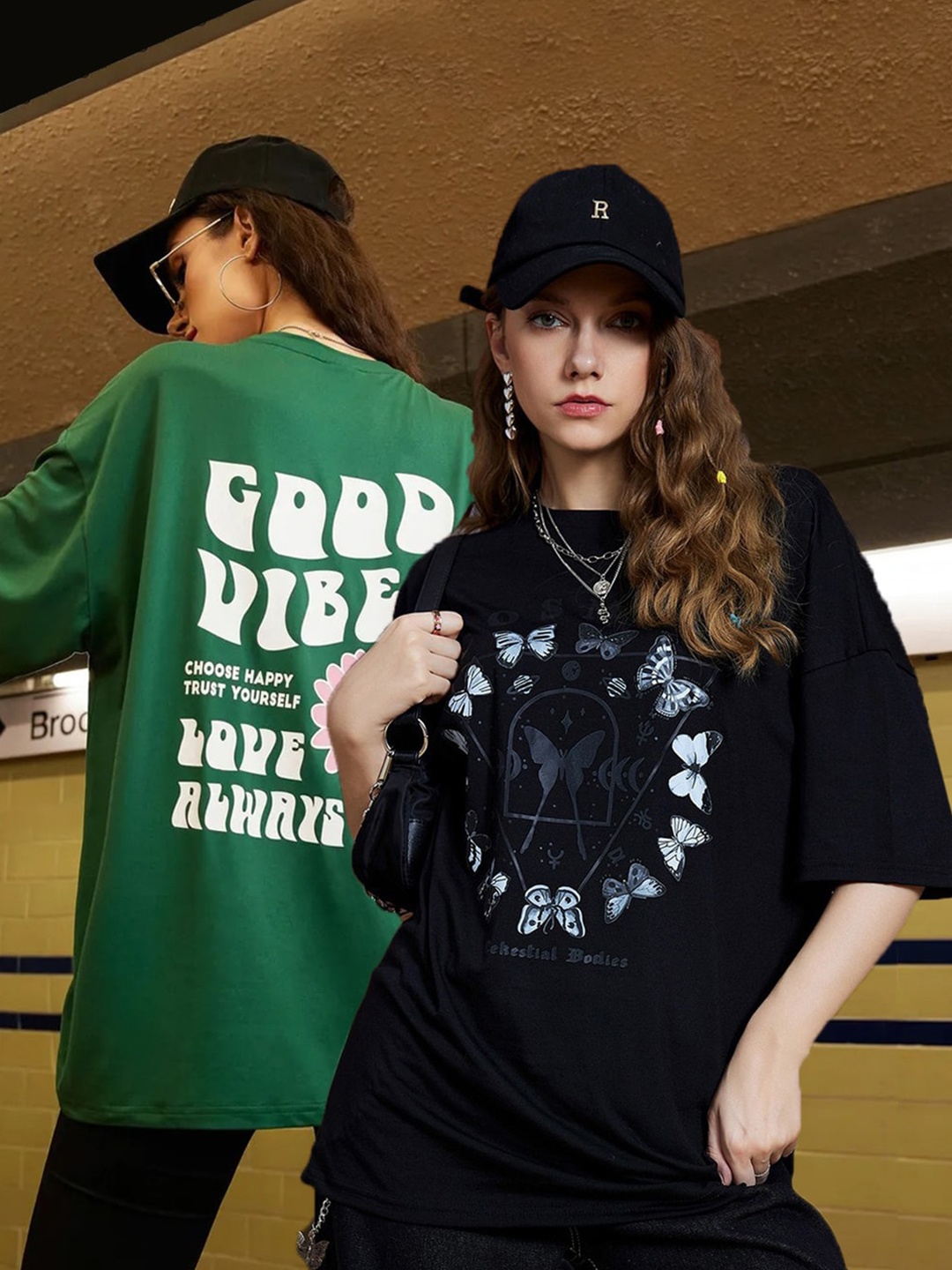 

Christy World Pack Of 2 Printed Drop Shoulder Cotton Oversized T-shirt, Green