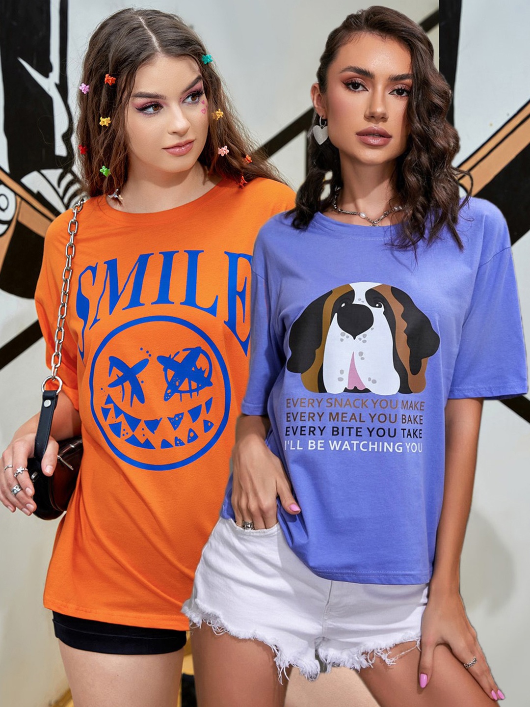 Christy World Pack of 2 Typography Printed Oversized T-shirt, Blue