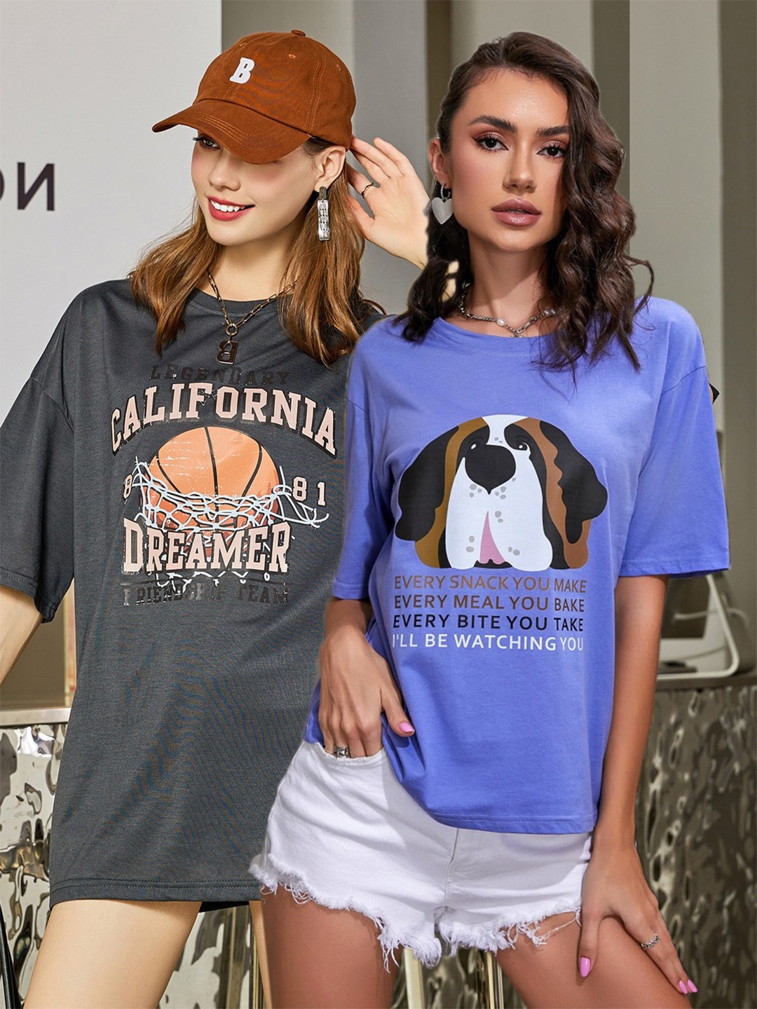 

Christy World Pack Of 2 Printed Oversized Cotton T-shirts, Grey