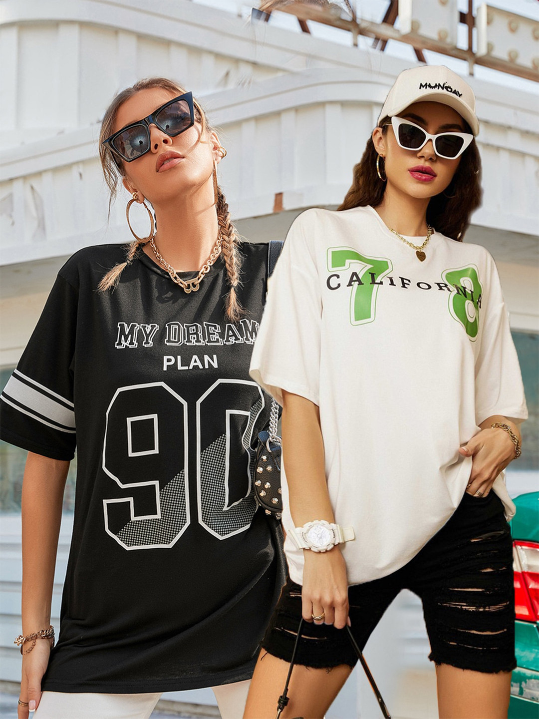 

Christy World Women Pack of 2 Printed Oversized Cotton T-shirts, Black